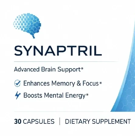 The front panel of the Synaptril label: the blue pixel-brain icon, SYNAPTRIL, Advanced Brain Support, Enhances Memory and Focus, Boosts Mental Energy, 30 capsules, dietary supplement
