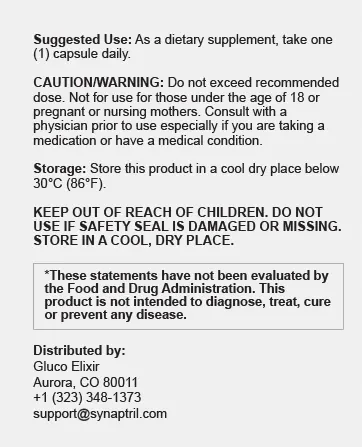 The directions panel of the Synaptril label: suggested use, caution and warning, storage, keep out of reach of children, the FDA statement and the distributor