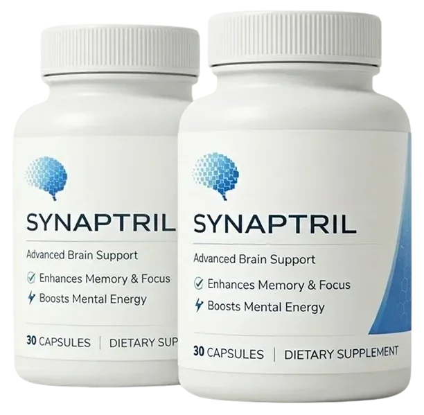 2 white Synaptril bottles with the blue brain icon