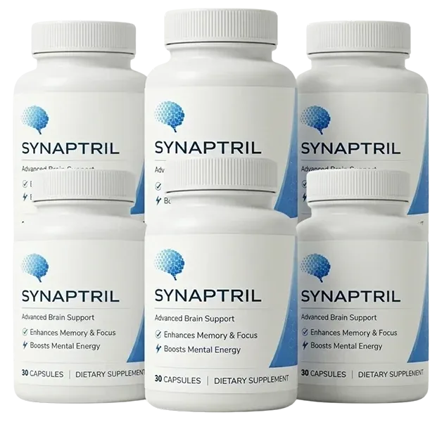 6 white Synaptril bottles with the blue brain icon
