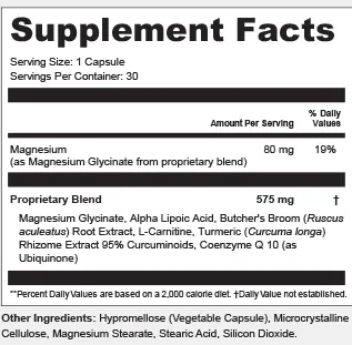 The Synaptril Supplement Facts panel: serving size 1 capsule, 30 servings, magnesium 80 mg 19% DV, and a 575 mg proprietary blend