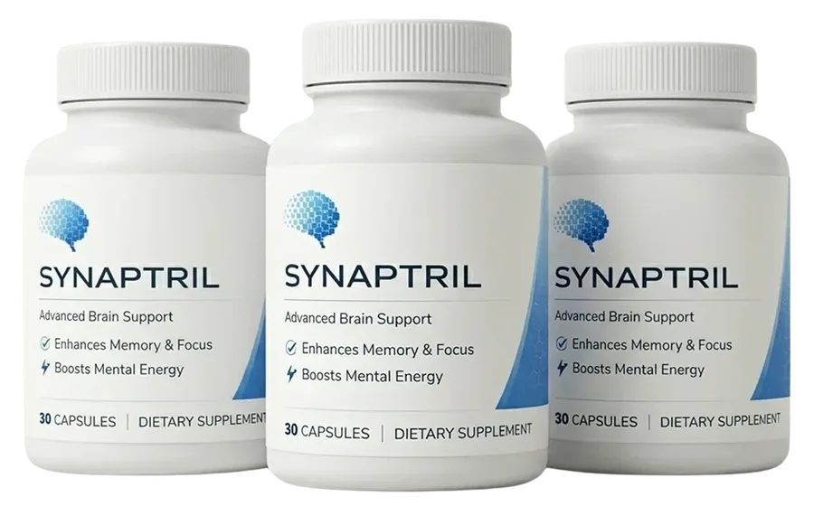 3 white Synaptril bottles with the blue brain icon
