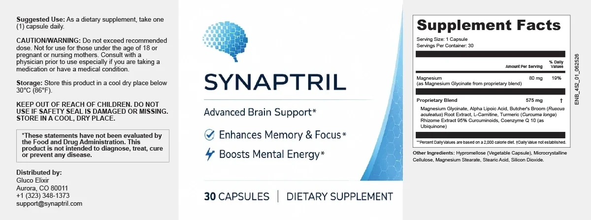 The flat Synaptril label: directions, cautions and the distributor on the left; the SYNAPTRIL front panel in the middle; the Supplement Facts panel on the right